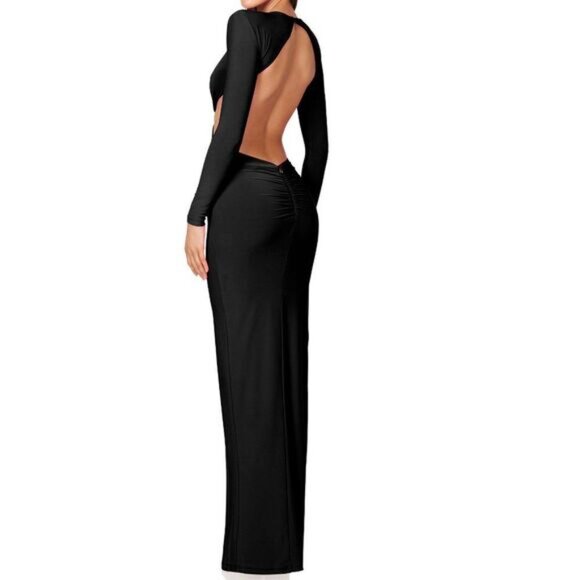Nookie Jewel Long Sleeve Cut Out Waist Open Back Side Slit Formal Gown Black XL - Picture 2 of 12